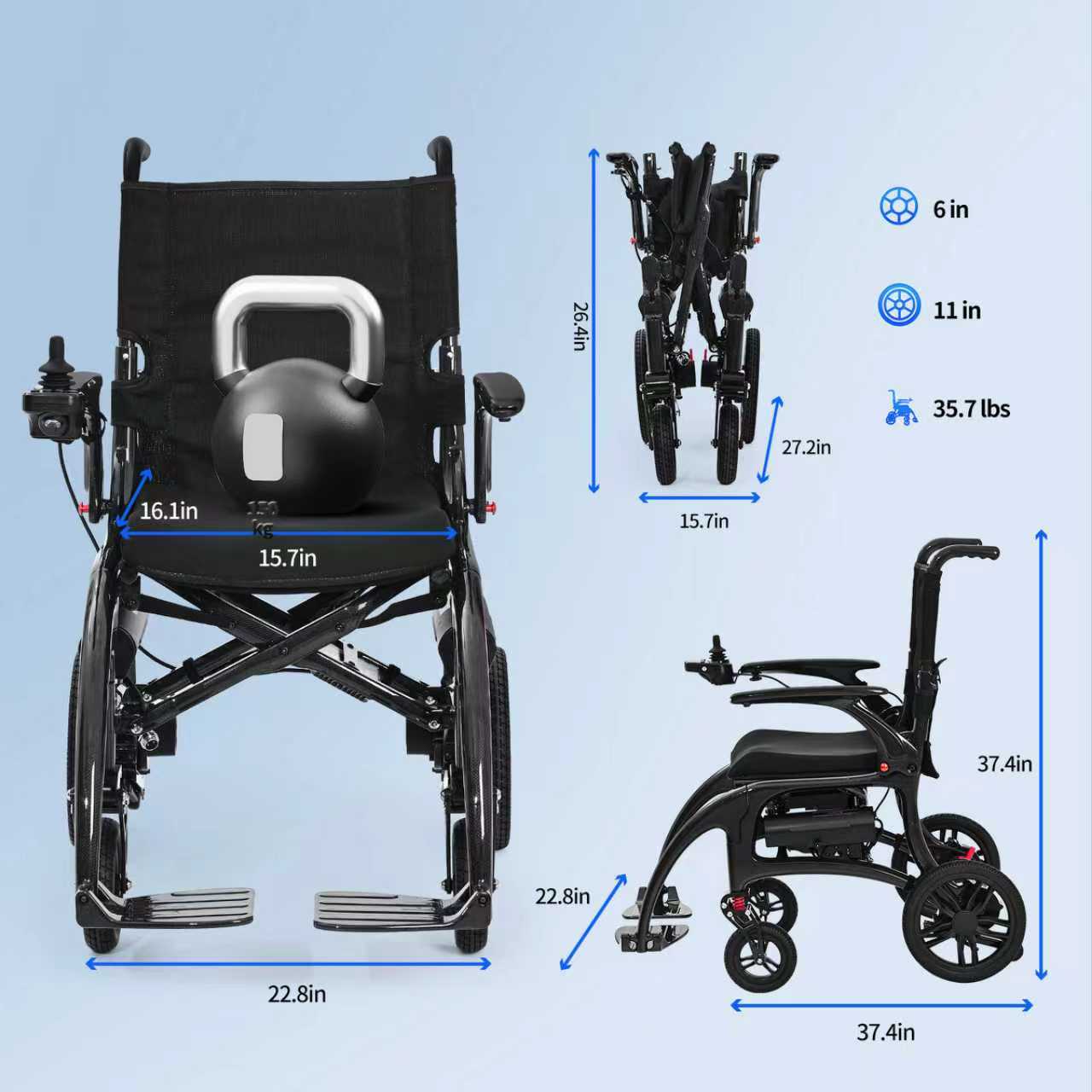 StratisGo XP01 Carbon Fiber Electric Wheelchair - 2x8Ah Battery 15.5 miles Range,30.5 lbs