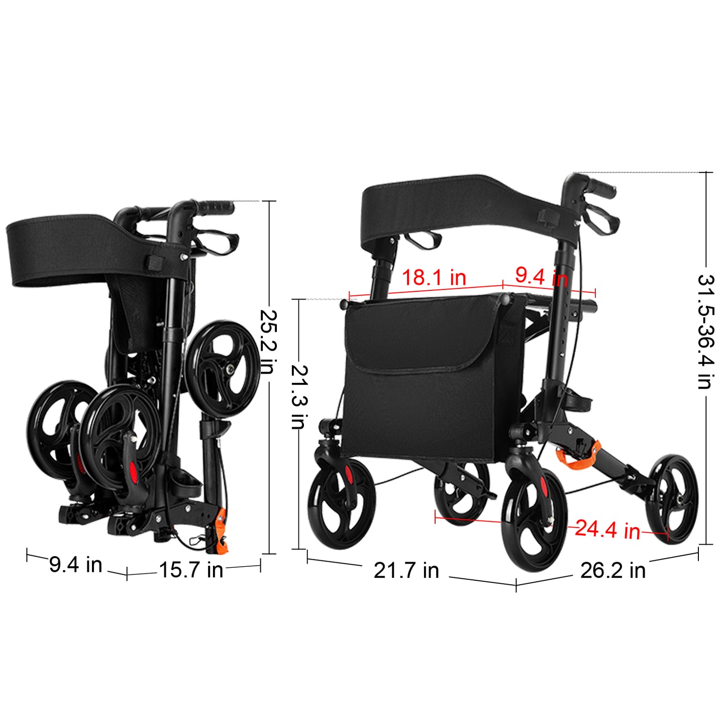 StratisGo RP01 4 Wheel Rollator Walker With Seat,  Weight 16.76 lbs, Height Adjustable