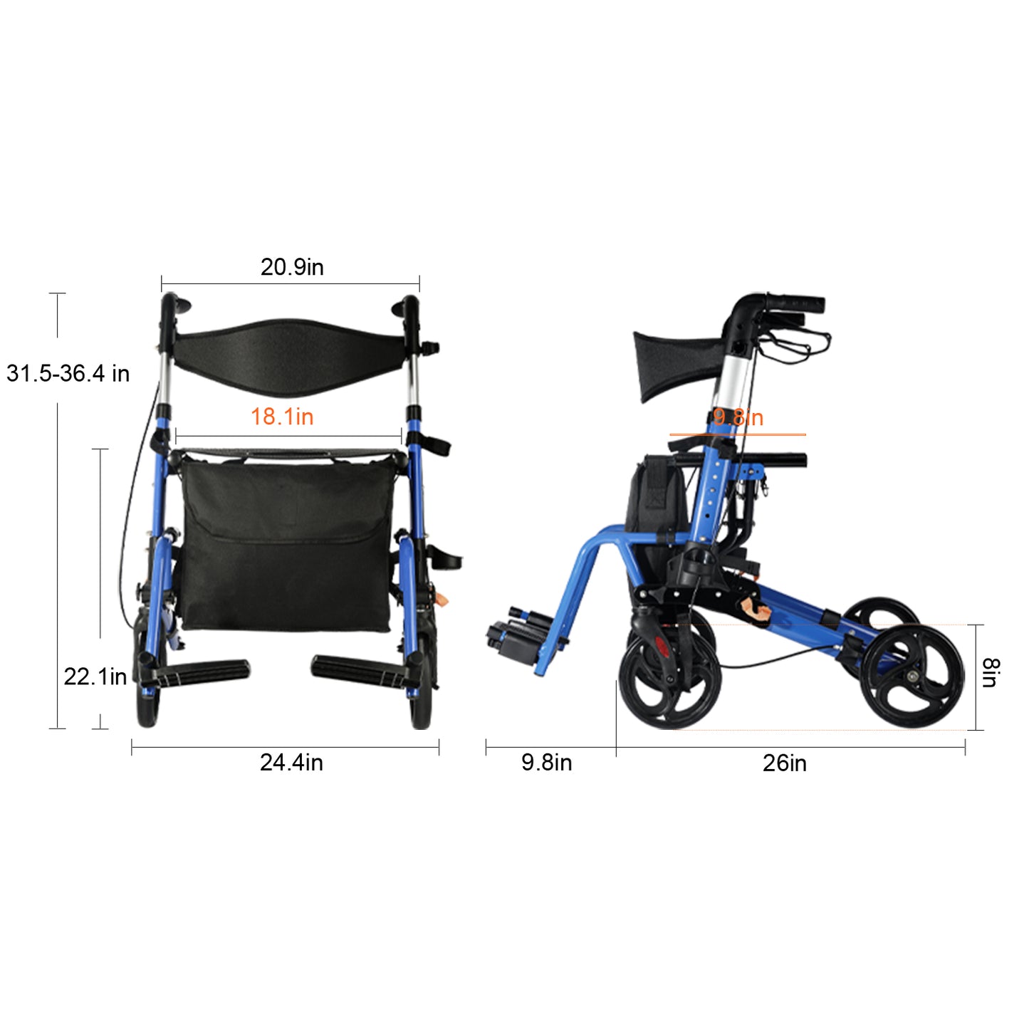 StratisGo RP03 2-in-1 4 Wheel Rollator Walker With Seat, Steel Rolling Walker, Height Adjustable,