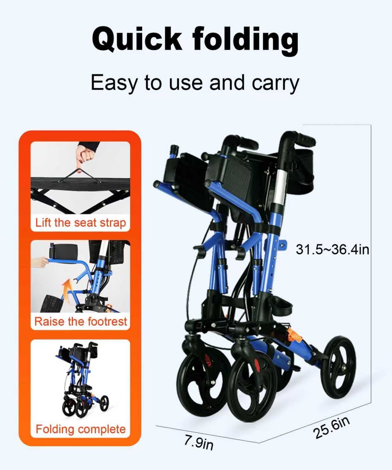 StratisGo RP03 2-in-1 4 Wheel Rollator Walker With Seat, Steel Rolling Walker, Height Adjustable,