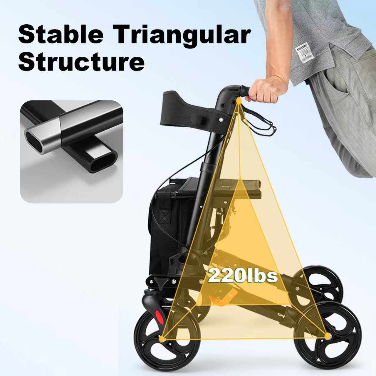 StratisGo RP01 4 Wheel Rollator Walker With Seat,  Weight 16.76 lbs, Height Adjustable