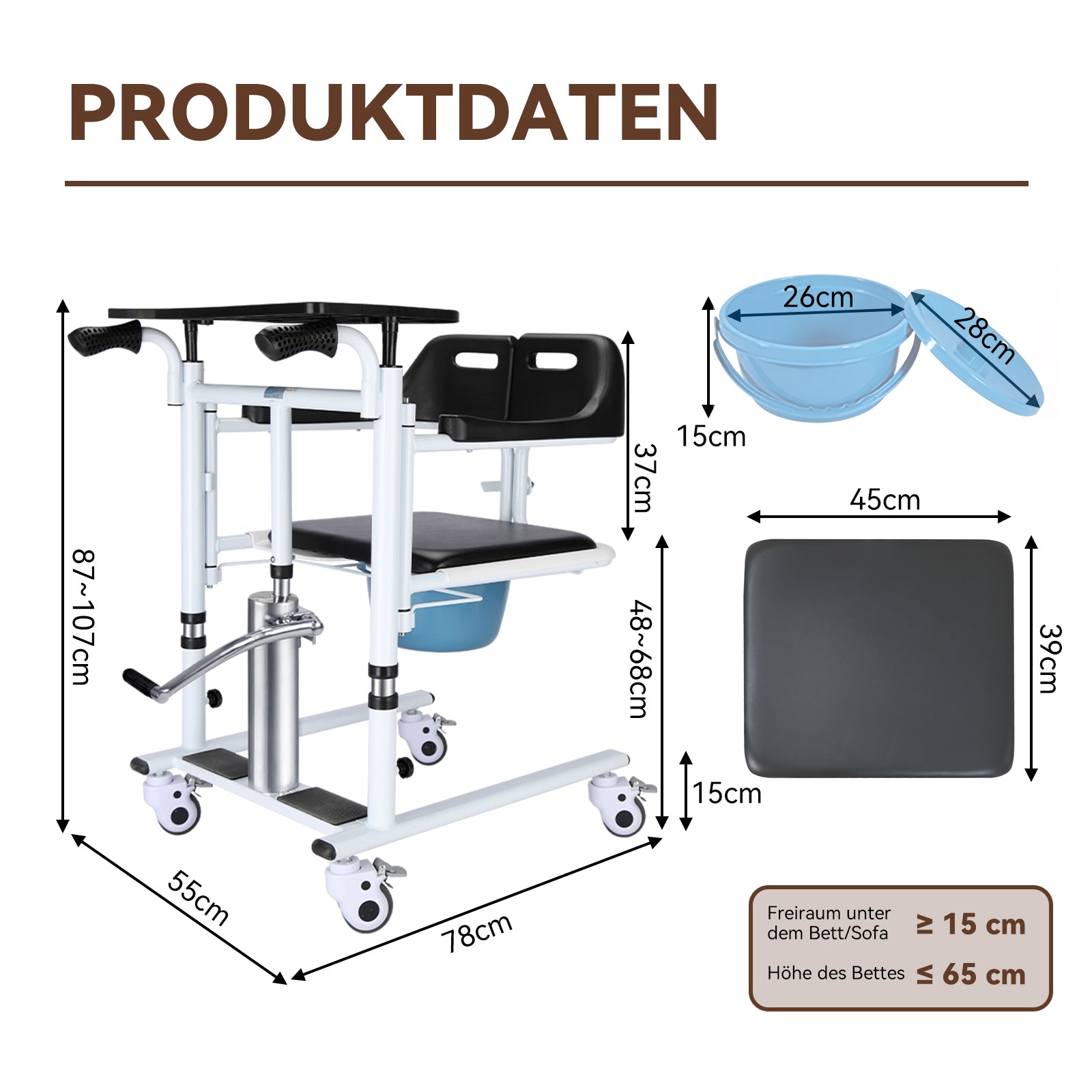 ByteTecpeak L01-LS Transferstuhl mit Toilettenfunktion, hydraulisch höhenverstellbar