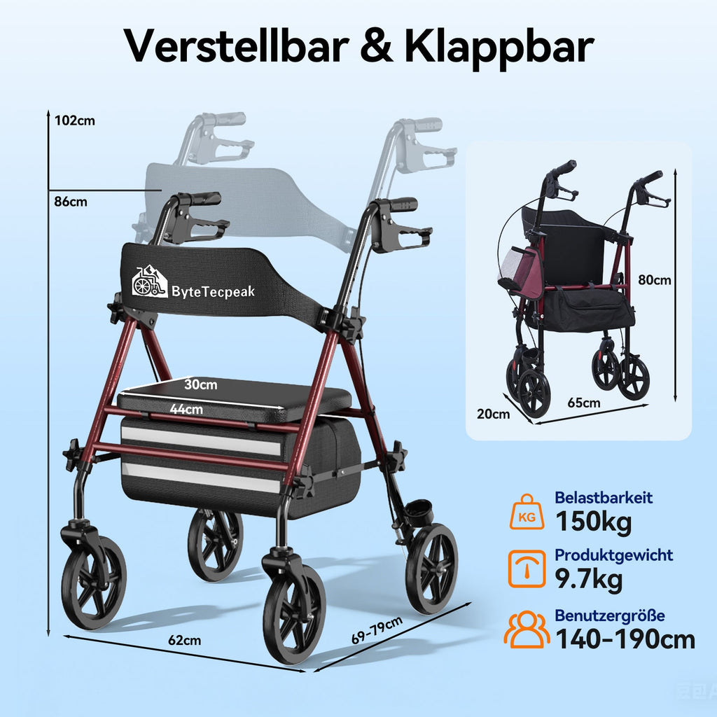 ByteTecpeak R4 Leichtgewicht Rollator mit Sitz – Klappbar, Höhenverstellbar, 8" All-Terrain-Räder, bis 150 kg