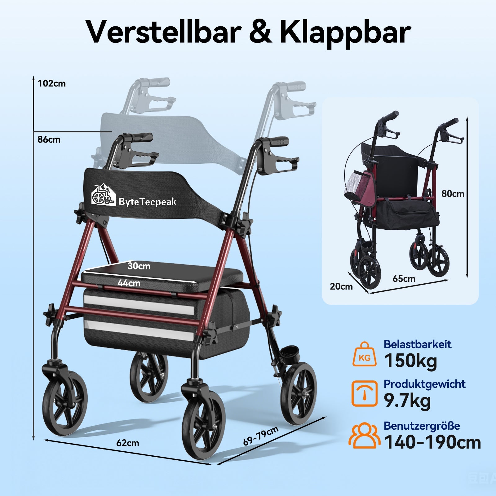 ByteTecpeak R4 Leichtgewicht Rollator mit Sitz – Klappbar, Höhenverstellbar, 8" All-Terrain-Räder, bis 150 kg