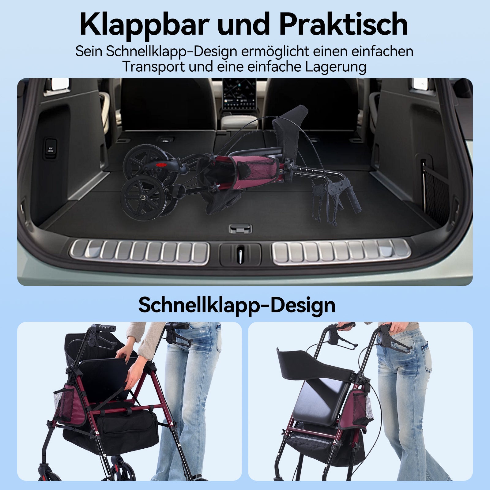 ByteTecpeak R4 Leichtgewicht Rollator mit Sitz – Klappbar, Höhenverstellbar, 8" All-Terrain-Räder, bis 150 kg