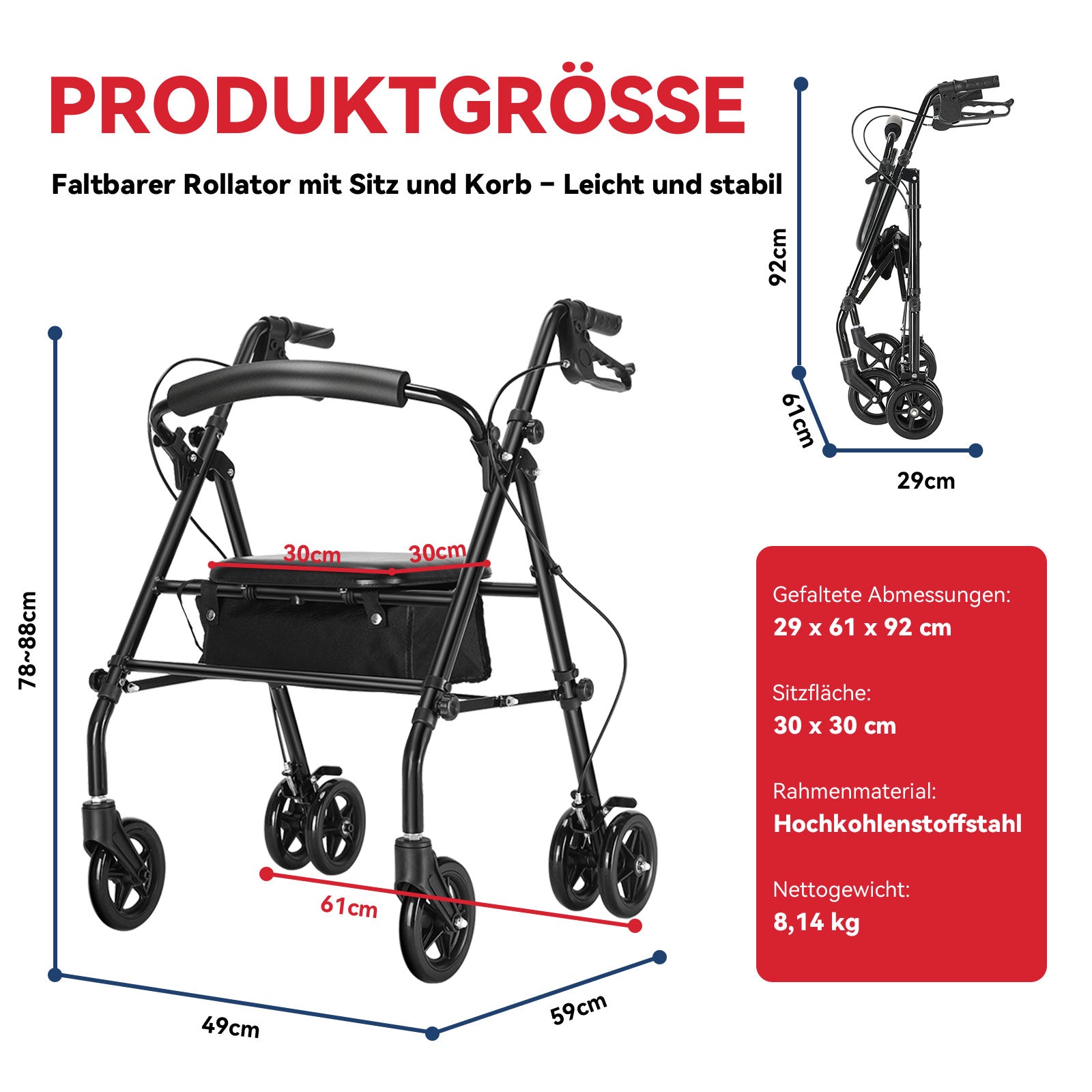 ByteTecpeak R5 Faltbarer Rollator mit 360°-Drehrädern – Leicht, Kompakt und Vielseitig