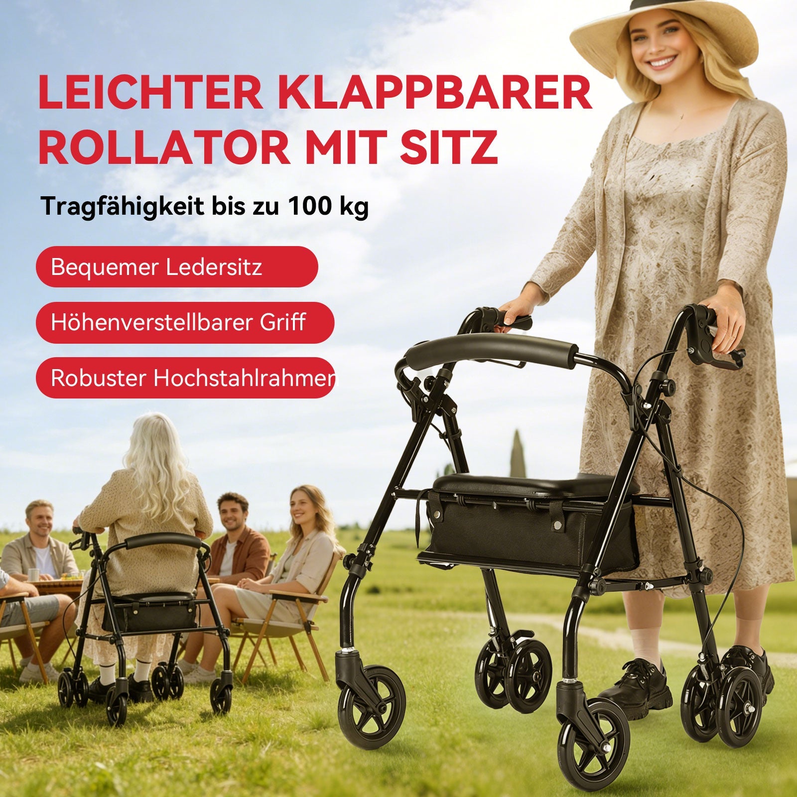 ByteTecpeak R5 Faltbarer Rollator mit 360°-Drehrädern – Leicht, Kompakt und Vielseitig