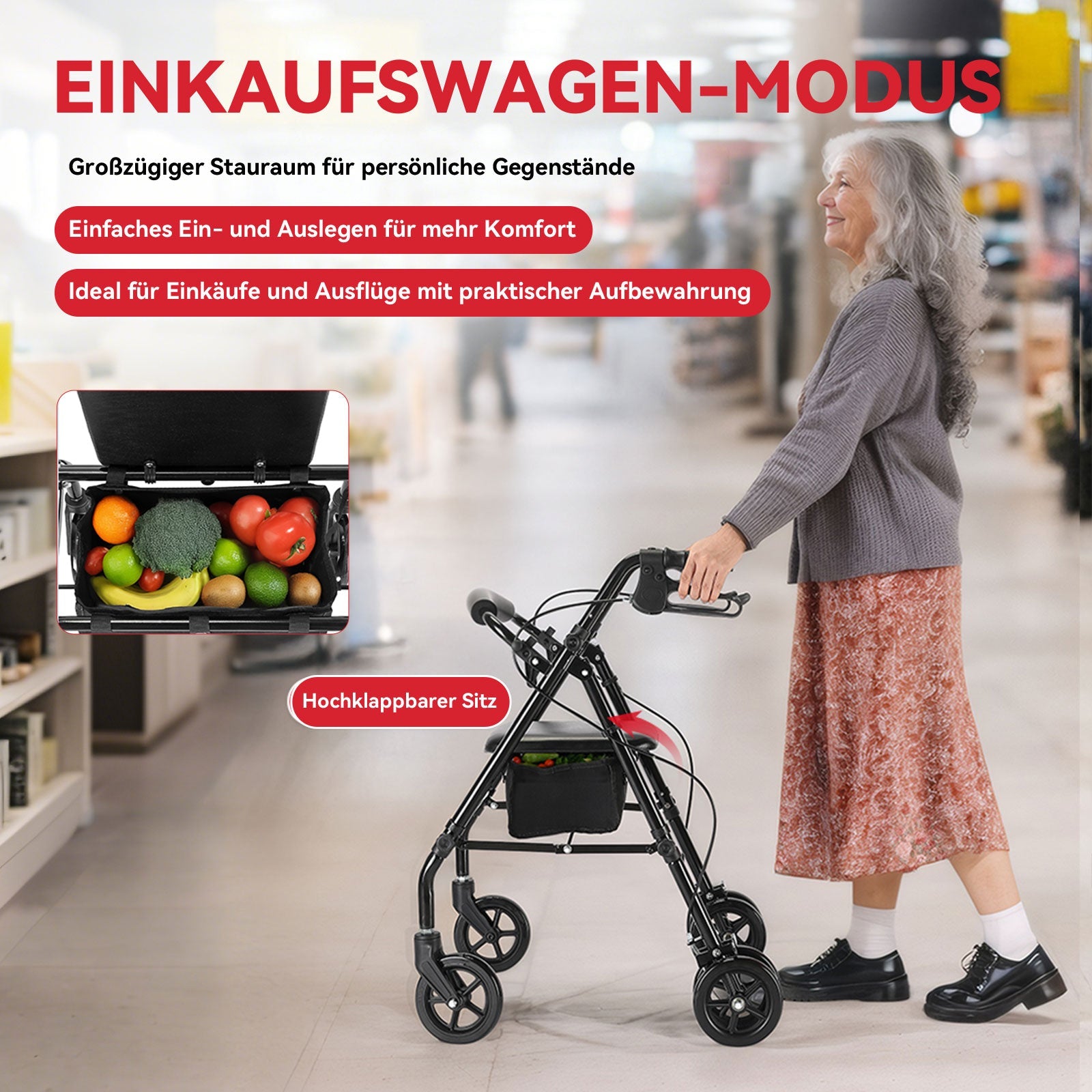 ByteTecpeak R5 Faltbarer Rollator mit 360°-Drehrädern – Leicht, Kompakt und Vielseitig