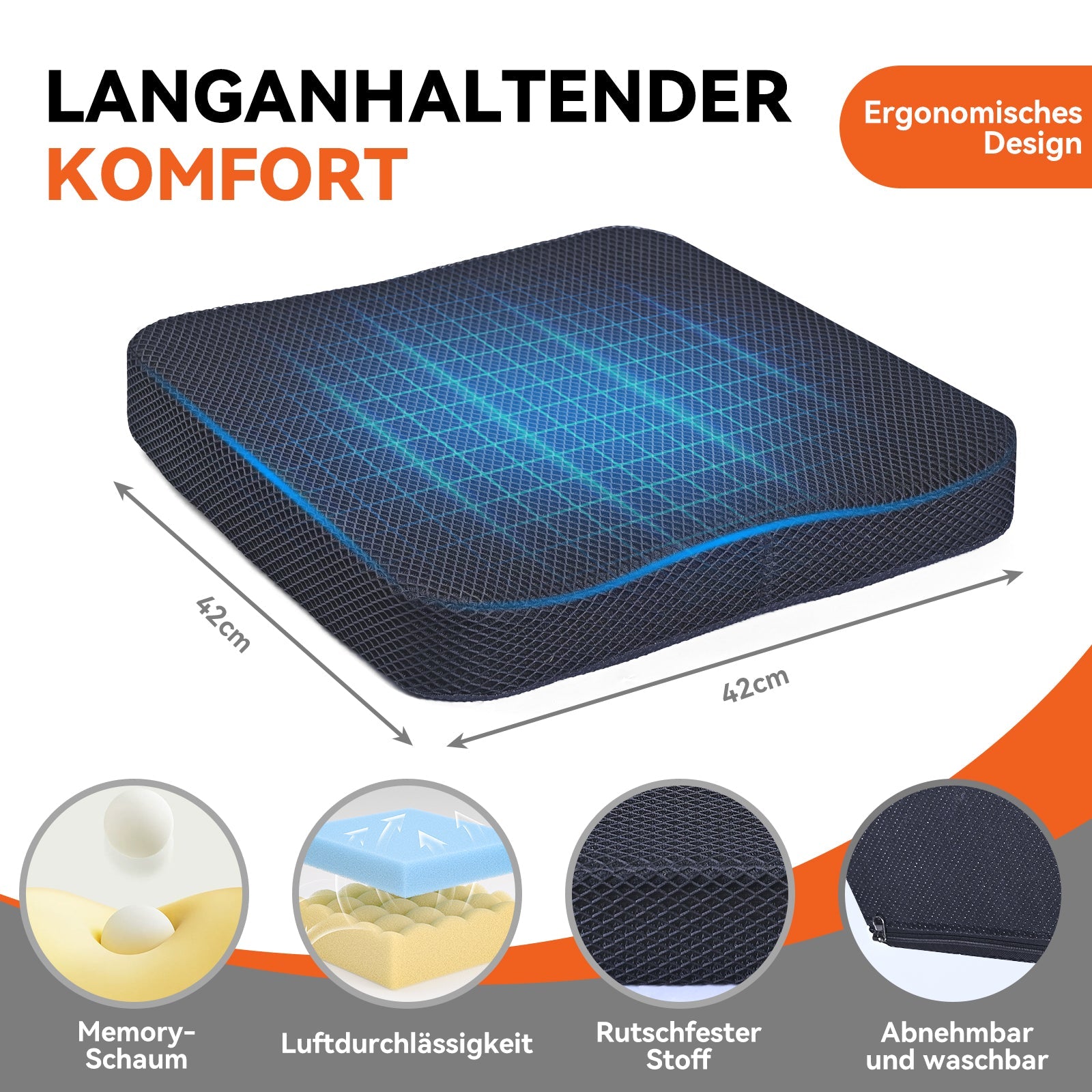 ByteTecpeak ZD01 – Sitzkissen, 42×42 cm, ergonomisch & druckentlastend