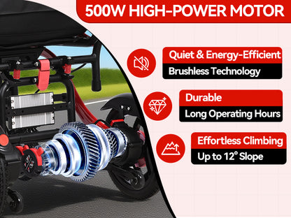 XP03 Portable Electric Wheelchair 330 lbs, 500W Motor, 13 miles Range and Foldable, 10Ah lithium-ion battery