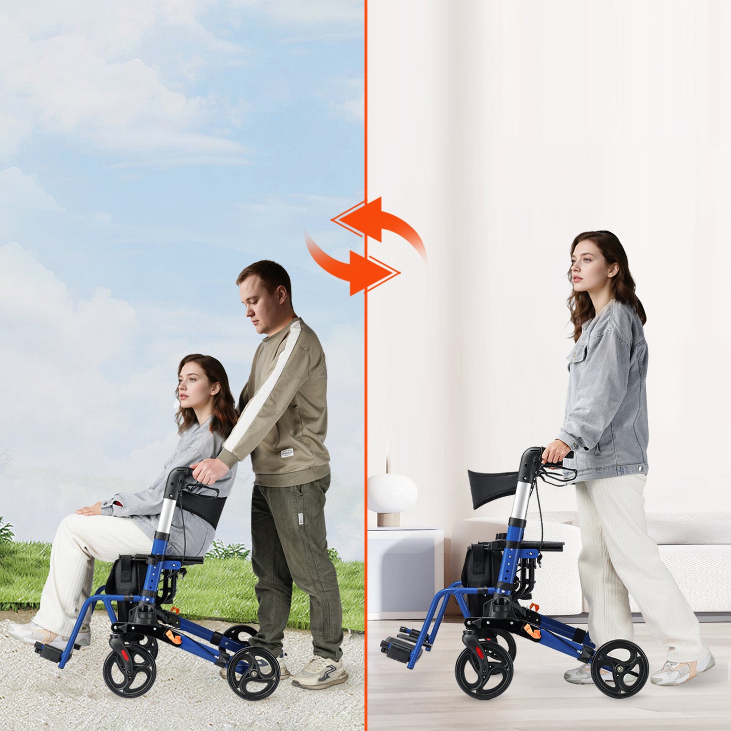 StratisGo RP03 2-in-1 4 Wheel Rollator Walker With Seat, Steel Rolling Walker, Height Adjustable,