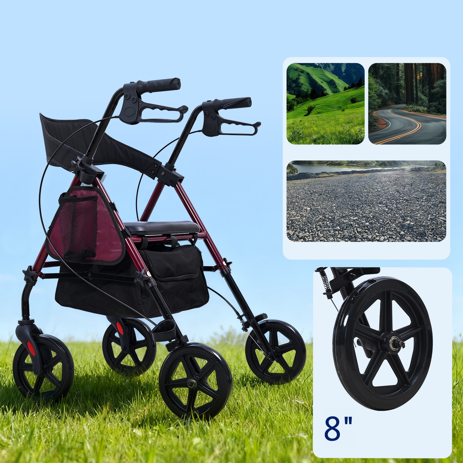ByteTecpeak R4 Leichtgewicht Rollator mit Sitz – Klappbar, Höhenverstellbar, 8" All-Terrain-Räder, bis 150 kg
