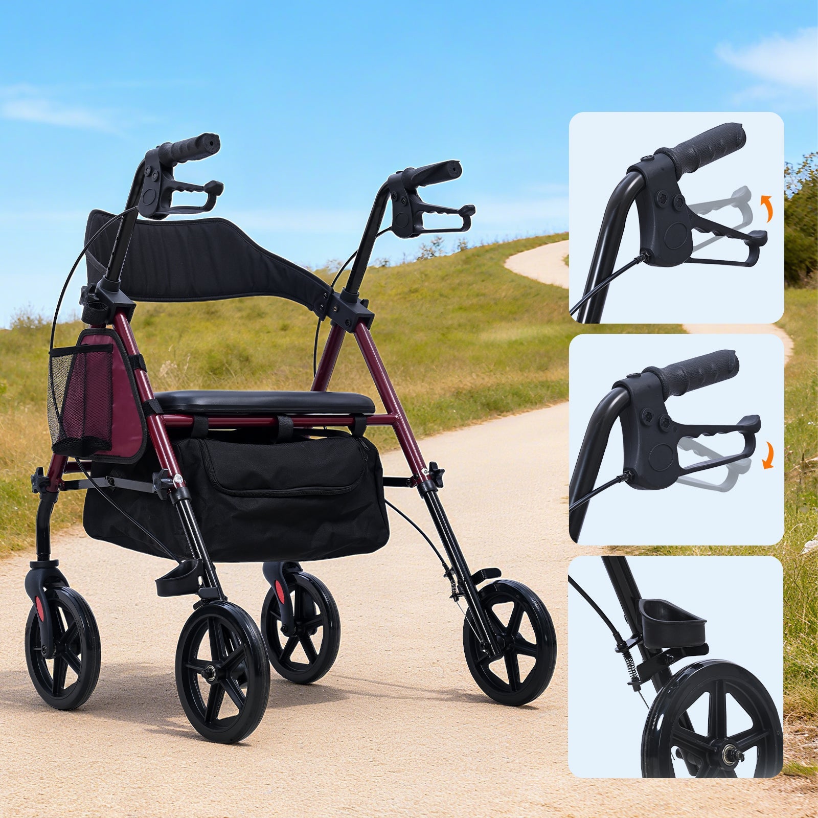 ByteTecpeak R4 Leichtgewicht Rollator mit Sitz – Klappbar, Höhenverstellbar, 8" All-Terrain-Räder, bis 150 kg